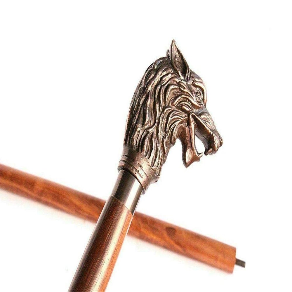 Vimal Nautical Brown Antique Wolf Steampunk Walking Stick Cane-AL Handle Wooden Walking Cane - Best Antique