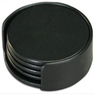 BakeOFF Leather 4 Round Coaster Set with Holder