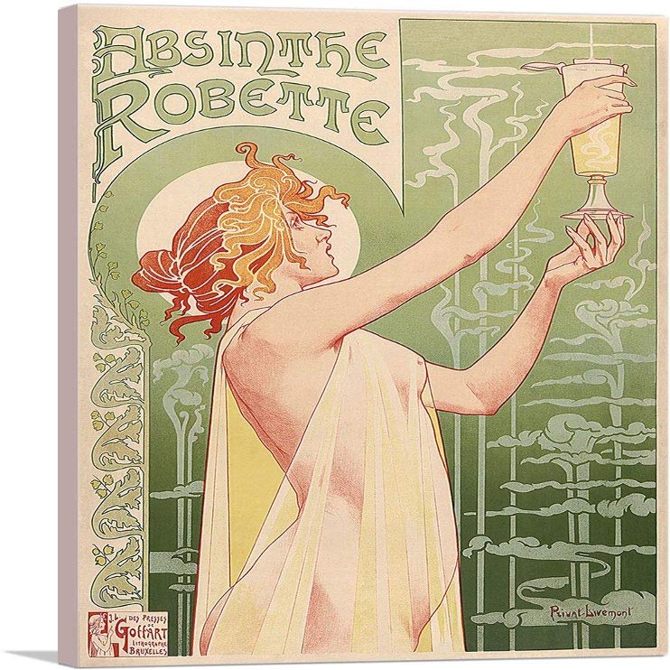 ARTCANVAS Absinthe Robette 1896 Canvas Art Print Stretched Framed Painting Picture Poster Giclee Wall Decor by Henri Privat Livemont - 40" x 26" (0.75" Deep)