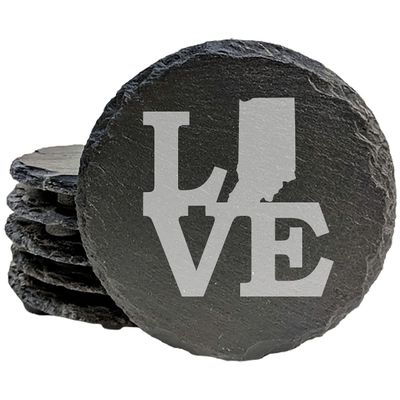 Rustic Slate Coasters Set of 6, Laser Etched 'Love' Indiana Design, 4" Round, Natural Chipped Edge, Rubber Feet, for Holidays, Birthdays, Housewarming, Made in Oregon, USA