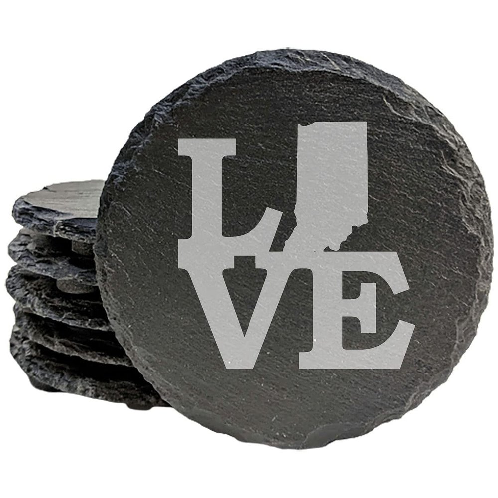 Rustic Slate Coasters Set of 6, Laser Etched 'Love' Indiana Design, 4" Round, Natural Chipped Edge, Rubber Feet, for Holidays, Birthdays, Housewarming, Made in Oregon, USA