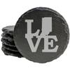 Rustic Slate Coasters Set of 6, Laser Etched 'Love' Indiana Design, 4" Round, Natural Chipped Edge, Rubber Feet, for Holidays, Birthdays, Housewarming, Made in Oregon, USA view 1