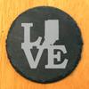 Rustic Slate Coasters Set of 6, Laser Etched 'Love' Indiana Design, 4" Round, Natural Chipped Edge, Rubber Feet, for Holidays, Birthdays, Housewarming, Made in Oregon, USA view 2