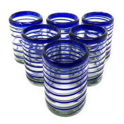 Dos Sueos Hand Blown Mexican Drinking Glasses Set of 6 Tumbler Glasses with Blue Spiral Design (10 oz each)
