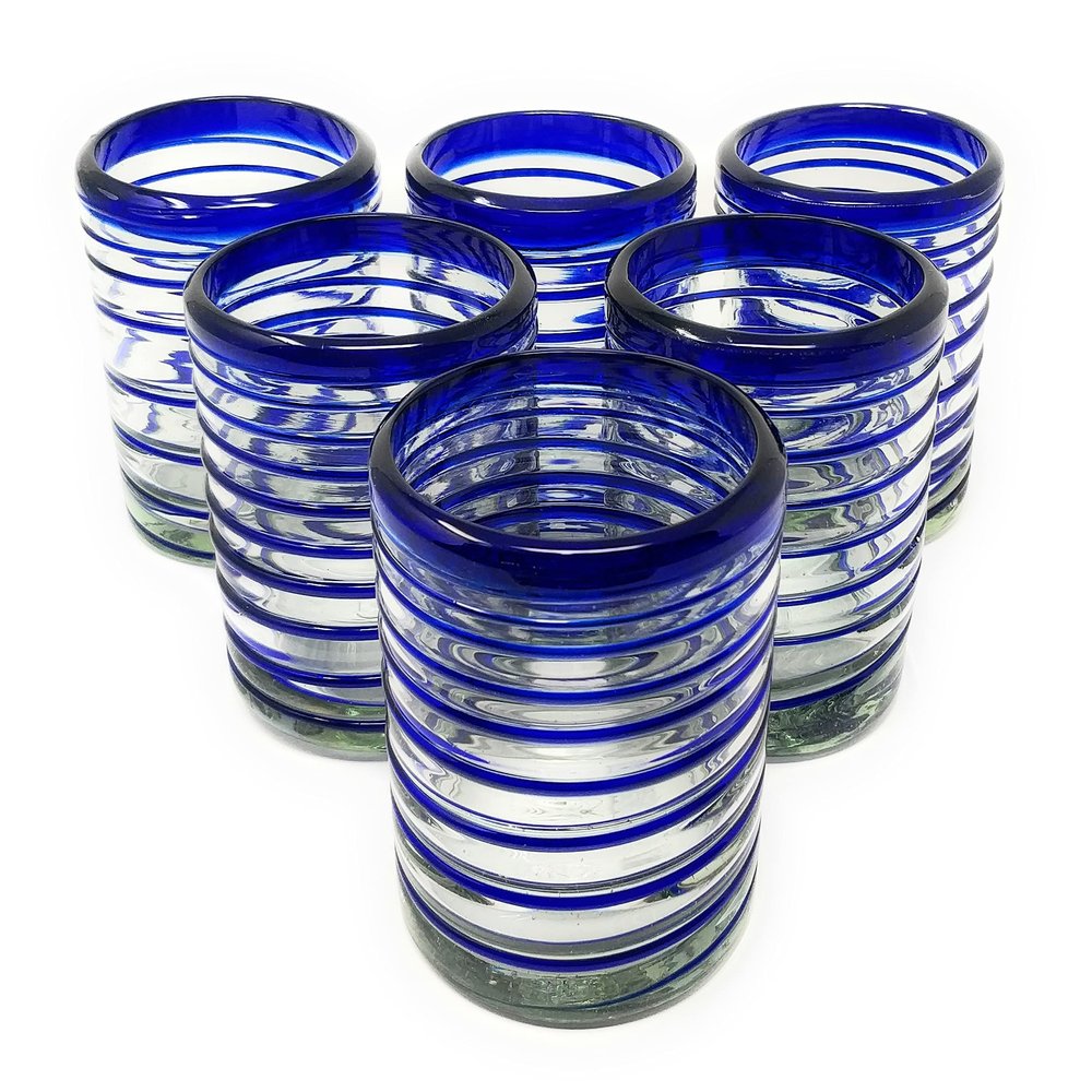 Dos Sueos Hand Blown Mexican Drinking Glasses  Set of 6 Tumbler Glasses with Blue Spiral Design (10 oz each) 