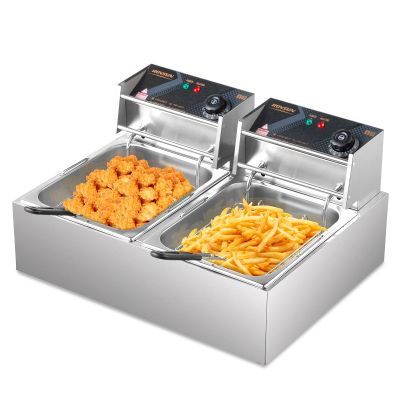 ROVSUN 22.8QT/21.6L Electric Deep Fryer, Commercial Deep Fryer with Baskets Lids Countertop, Stainless Steel Dual Tank Kitchen Fat Fryer Frying Machine for French Fries Donuts, Adjustable Temp, 3400W
