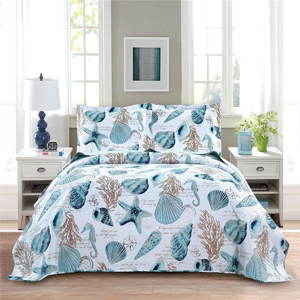 3-Piece Reversible Nautical Theme Bedspread Coverlet Twin (68x86 Inches),Blue-Green Seashells Coral Beach Bedding Sets,Lightweight Quilt Set Bed Cover, Coastal Bed Set for All Seasons(Cyan,Twin)