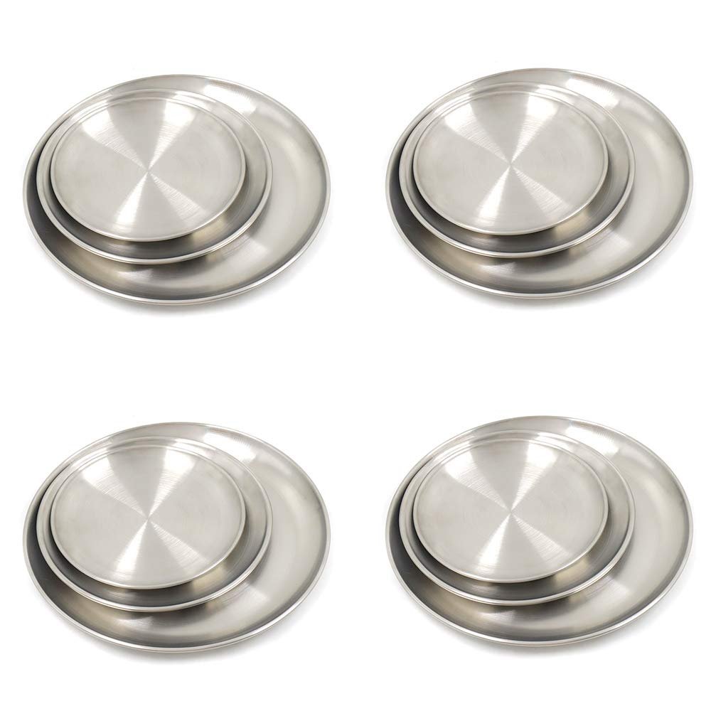 12 Pack Stainless Steel Plates, Reusable Brushed Metal Dinner Plates, Metal Dinner Dishes for Picnic BBQ Steak (sliver)