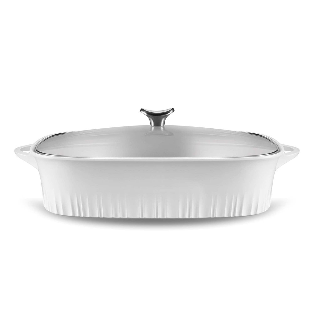CorningWare QuickHeat 5.7-QT Cast Aluminum Roaster With Lid & Non-Stick Ceramic Interior, Lightweight and Fast Even Heat Baking & Cooking, For Meats, Soup, Browning, Searing, French White