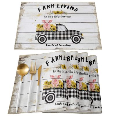 Placemats Set of 4 Washable,Farm Sweet Farm Placemat for Dining Table Decorations, Heat-Proof Table Mats for Kitchen Dinner Wooden Farmhouse Pig Sunflower Truck