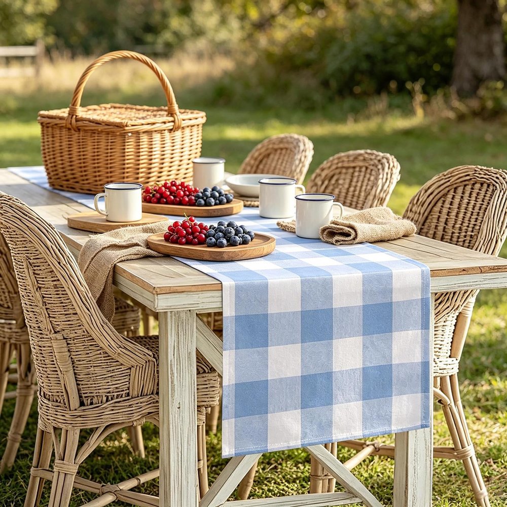 Light Blue Gingham Table Runner 72 inches Long, Spring Blue and White Buffalo Plaid Check Dresser Runners for Bedroom, Rustic Farmhouse Table Decorations for Birthday, Summer Picnic, Baby Shower Party