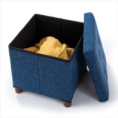 15 Inch Storage Ottoman with Wooden Legs - Cube Foot Rest Stool, Square Footstool, Comfortable Seat with Lid, Foldable Fabric Ottoman, Space-Saving Navy