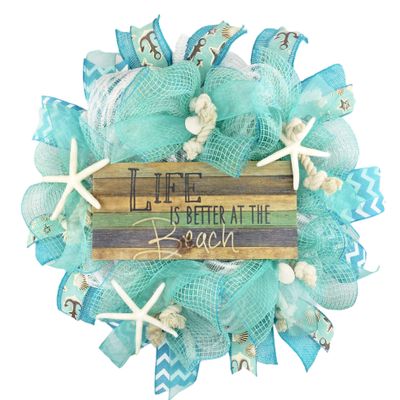 Artisan Beach, Coastal, Nautical Wreath with Shells and Starfish Featuring 12" Wood Decoration that Says "Life is Better at the beach"!