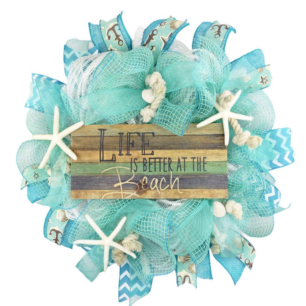 Artisan Beach, Coastal, Nautical Wreath with Shells and Starfish Featuring 12" Wood Decoration that Says "Life is Better at the beach"!