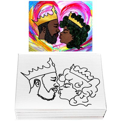 Indigo Art Studio Pre Drawn Canvas Painting for Adults Kids Couples | 4-40 PACK Discounted Bundle | Afro King Queen Kiss #1 | DIY Birthday Gift & Sip and Paint With Twist Party Favor | 8x10