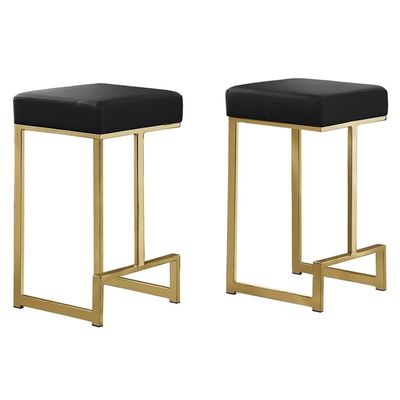 Best Master Furniture Jakob 25" Contemporary Counter Height Stools with Faux Leather Cushions, Metal Base and Footrest, Modern Minimalist Kitchen or Bar Seating, Set of 2 (Black/Gold)