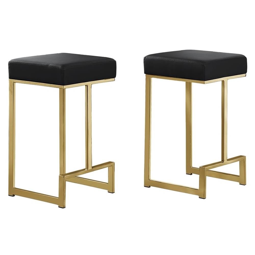 Best Master Furniture Jakob 25" Contemporary Counter Height Stools with Faux Leather Cushions, Metal Base and Footrest, Modern Minimalist Kitchen or Bar Seating, Set of 2 (Black/Gold)