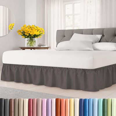 Wrap Around Dust Ruffle Bed Skirt - Dark Grey - for Queen Size Beds with 21 Inch Drop - Elastic Strap - Adjustable Pleated Bedskirt with Brushed Fabric and Wrinkle Free - for Women, Men, Kids & Teens