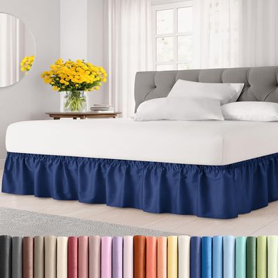 Wrap Around Dust Ruffle Bed Skirt - Navy Blue - for Queen Size Beds with 15 Inch Drop - Elastic Strap - Adjustable Pleated Bedskirt with Brushed Fabric and Wrinkle Free - for Women, Men, Kids & Teens