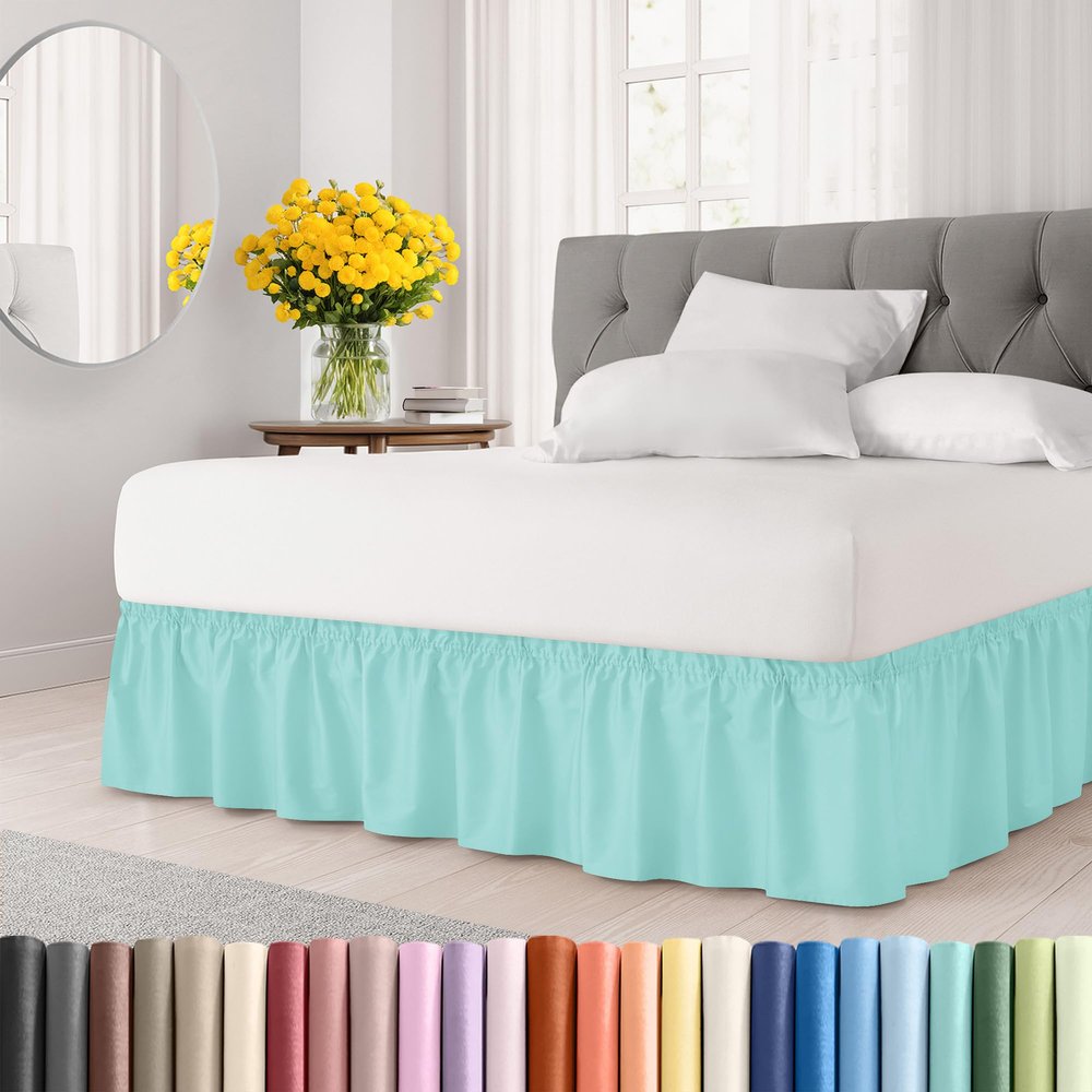 Wrap Around Dust Ruffle Bed Skirt - Spa Blue - for Queen Size Beds with 21 Inch Drop - Elastic Strap - Adjustable Pleated Bedskirt with Brushed Fabric and Wrinkle Free - for Women, Men, Kids & Teens