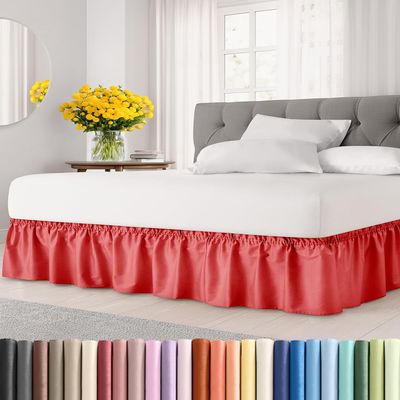 Wrap Around Dust Ruffle Bed Skirt - Red - for Queen Size Beds with 21 Inch Drop - Easy Fit Elastic Strap - Adjustable Pleated Bedskirt w/Brushed Fabric - Wrinkle Free - for Women, Men, Kids & Teens