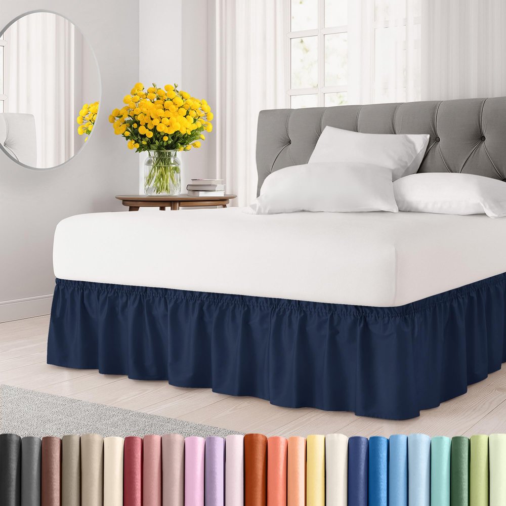 Wrap Around Dust Ruffle Bed Skirt - Navy Blue - for Queen Size Beds with 21 Inch Drop - Elastic Strap - Adjustable Pleated Bedskirt with Brushed Fabric and Wrinkle Free - for Women, Men, Kids & Teens