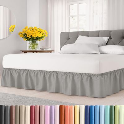 Wrap Around Dust Ruffle Bed Skirt - Light Grey - for Queen Size Beds with 12 Inch Drop - Elastic Strap - Adjustable Pleated Bedskirt with Brushed Fabric and Wrinkle Free - For Women, Men, Kids & Teens