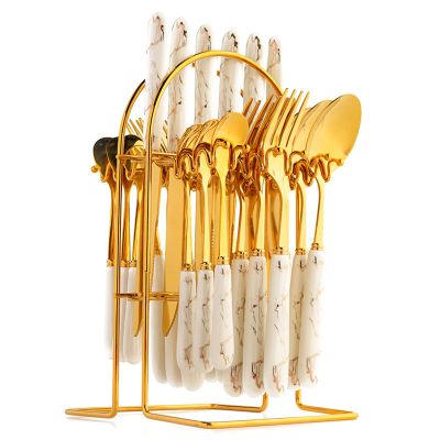 24-Piece Gilded Stainless Steel Flatware Set,Kitchen Utensil Tableware Cutlery Set Service for 6, Steak Cutlery Set for Home and Restaurant (White)