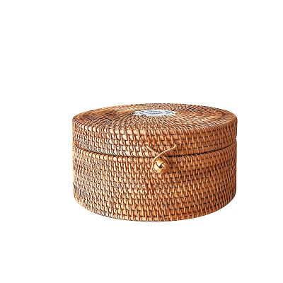 QiaoDongDian Hand-Woven Rattan Bowls with Lid, Handwoven Seagrass Storage Box Wicker Basket Desktop Makeup Organizer Multipurpose Container, Hand-Made Rattan Box (Size : D)