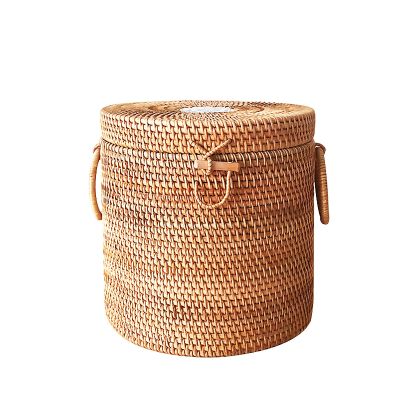 QiaoDongDian Hand-Woven Rattan Bowls with Lid, Handwoven Seagrass Storage Box Wicker Basket Desktop Makeup Organizer Multipurpose Container, Hand-Made Rattan Box (Size : O)