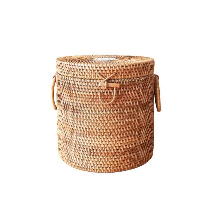 QiaoDongDian Hand-Woven Rattan Bowls with Lid, Handwoven Seagrass Storage Box Wicker Basket Desktop Makeup Organizer Multipurpose Container, Hand-Made Rattan Box (Size : N)