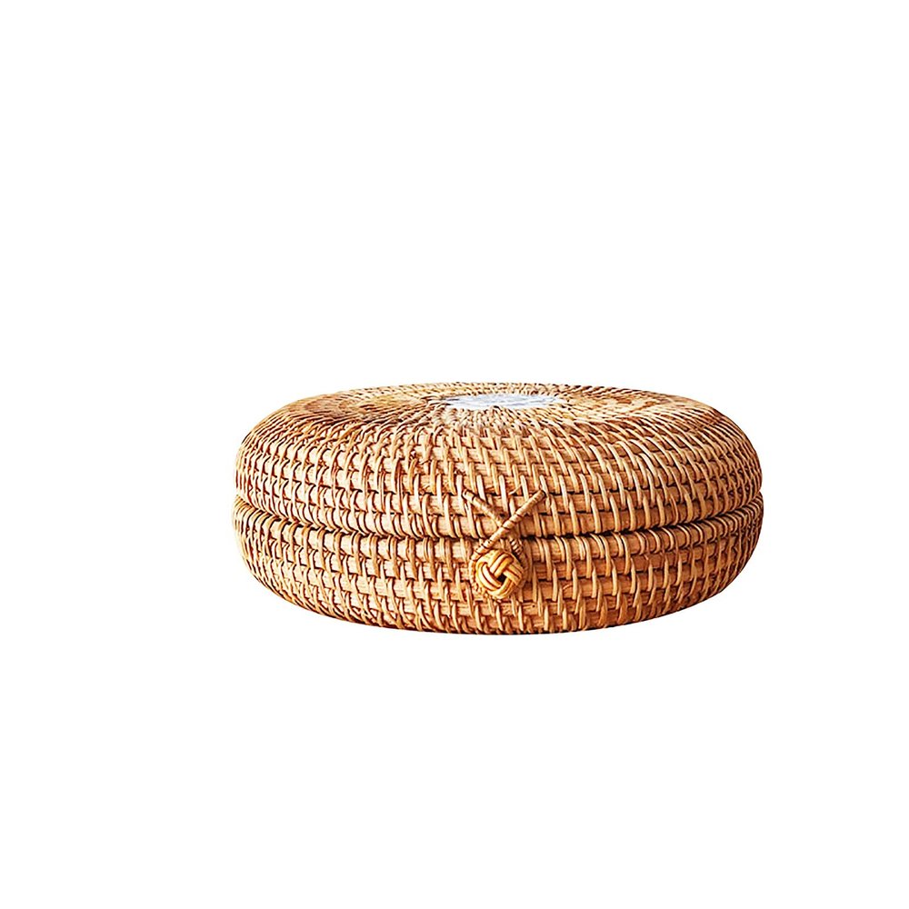 QiaoDongDian Hand-Woven Rattan Bowls with Lid, Handwoven Seagrass Storage Box Wicker Basket Desktop Makeup Organizer Multipurpose Container, Hand-Made Rattan Box (Size : A)