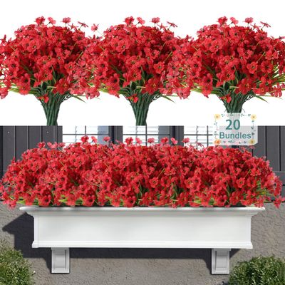 20 Bundles Artificial Flowers for Outdoors, UV Resistant Fake Flowers with Plastic Plants, Faux Silk Flowers for Planter outdoors, Fake realistic flowers For Window Box Front Porch Patio Decor-Red