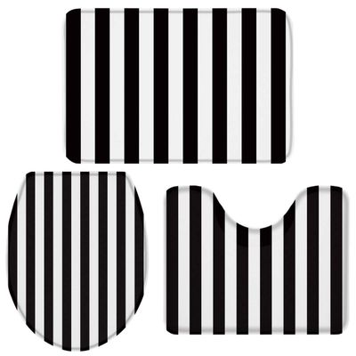 3-Piece Bath Rug and Mat Sets,Stripe Non-Slip Bathroom Decor Doormat Runner Rugs, U-Shaped Toilet Floor Mats, Toilet Seat Cover Black and White Stripe Simple