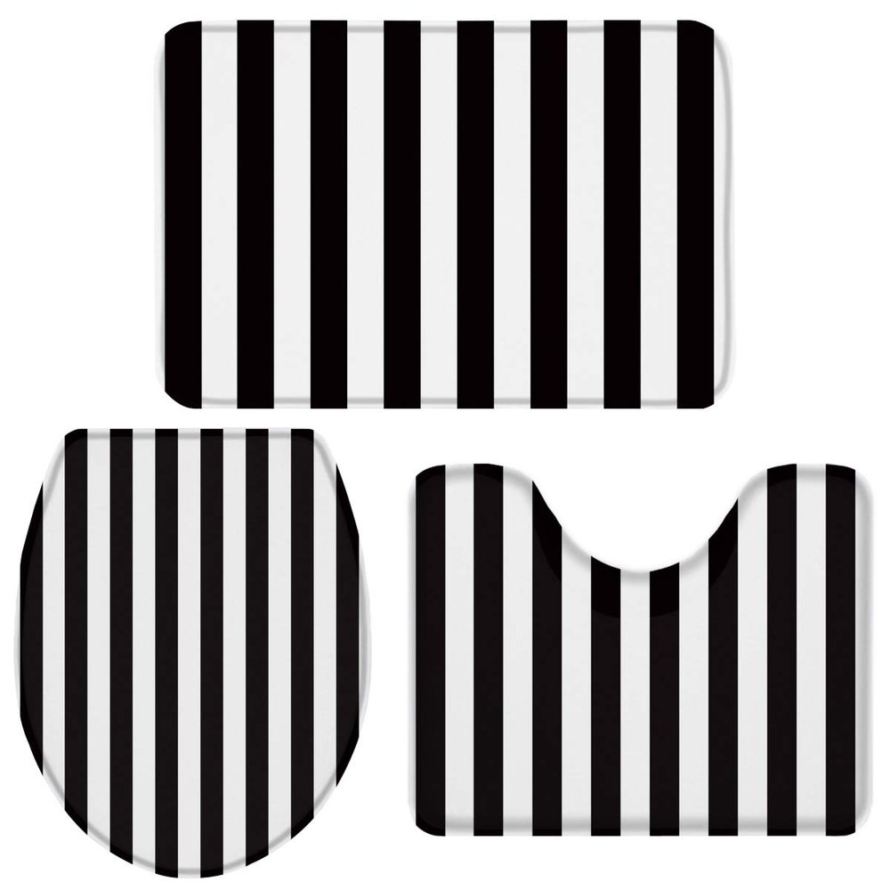 3-Piece Bath Rug and Mat Sets,Stripe Non-Slip Bathroom Decor Doormat Runner Rugs, U-Shaped Toilet Floor Mats, Toilet Seat Cover Black and White Stripe Simple