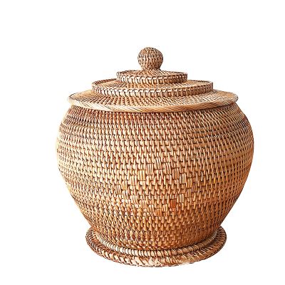 QiaoDongDian Hand-Woven Rattan Bowls with Lid, Handwoven Seagrass Storage Box Wicker Basket Desktop Makeup Organizer Multipurpose Container, Hand-Made Rattan Box (Size : G)