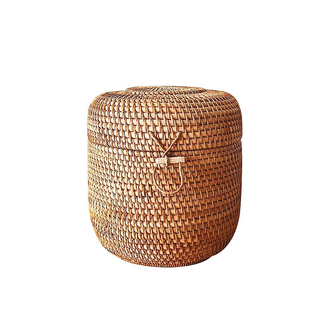 QiaoDongDian Hand-Woven Rattan Bowls with Lid, Handwoven Seagrass Storage Box Wicker Basket Desktop Makeup Organizer Multipurpose Container, Hand-Made Rattan Box (Size : K)