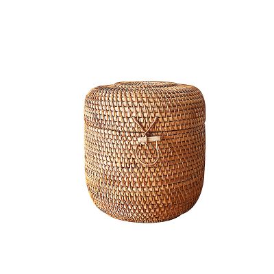 QiaoDongDian Hand-Woven Rattan Bowls with Lid, Handwoven Seagrass Storage Box Wicker Basket Desktop Makeup Organizer Multipurpose Container, Hand-Made Rattan Box (Size : J)