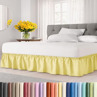 Wrap Around Dust Ruffle Bed Skirt - Yellow - for Queen Size Beds with 24 Inch Drop - Easy Fit Elastic Strap - Adjustable Pleated Bedskirt w/Brushed Fabric Wrinkle Free - for Women, Men, Kids & Teens