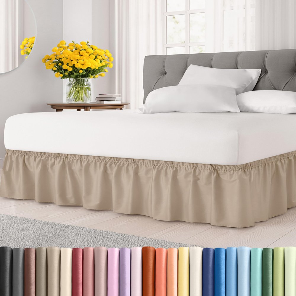 Wrap Around Dust Ruffle Bed Skirt - Cream - for Queen Size Beds with 12 Inch Drop - Easy Fit Elastic Strap - Adjustable Pleated Bedskirt w/Brushed Fabric - Wrinkle Free - for Women, Men, Kids & Teens