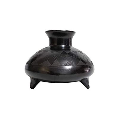 Small Black Pottery Footed Vase Sgraffito Design