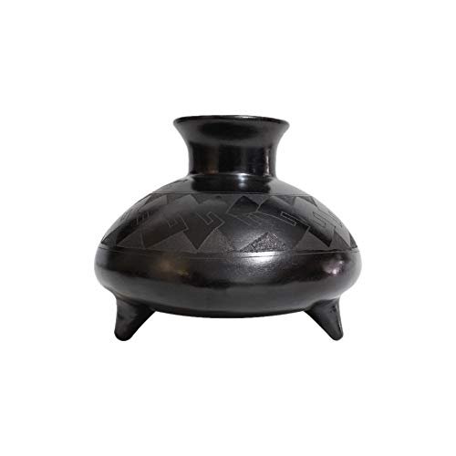 Small Black Pottery Footed Vase Sgraffito Design