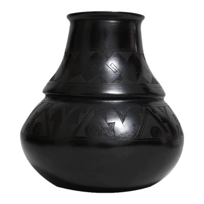 Black Pottery Angled Vase Sgraffito Design