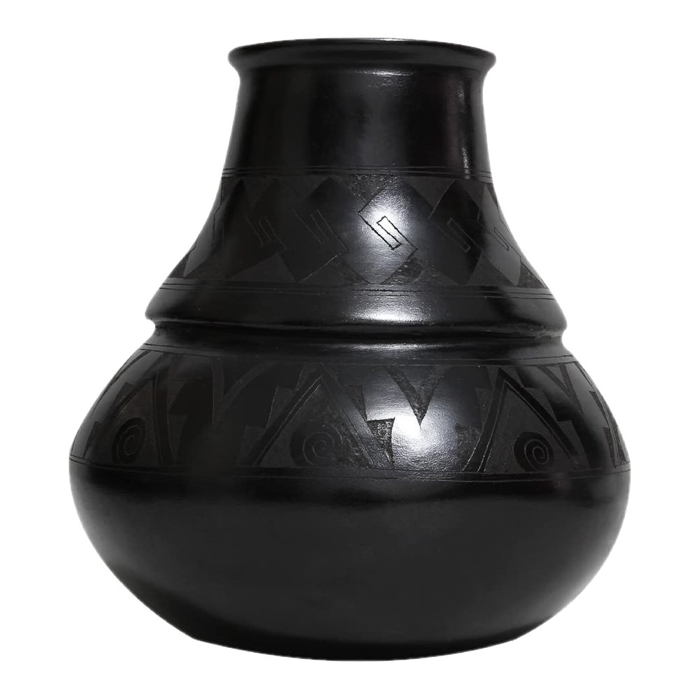 Black Pottery Angled Vase Sgraffito Design