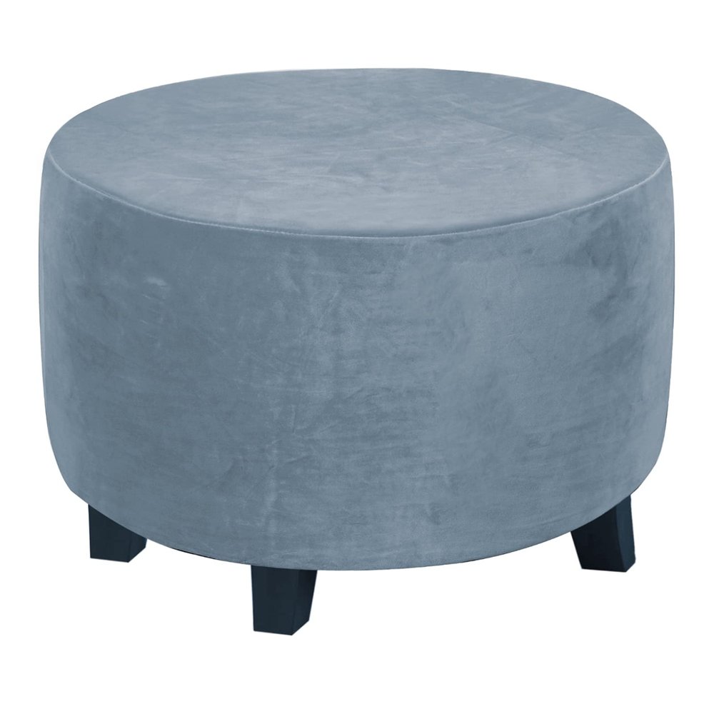 GAMUKAI Round Ottoman Slipcover Stretchable Footstool Cover with Elastic Bottom | Plush Velvet Fabric | Fits Storage Ottomans, Poufs & Stools (Dusty Blue, Medium)