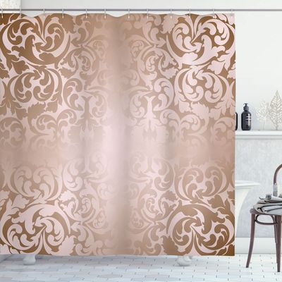 Ambesonne Vintage Shower Curtain, Classic Victorian Style Monochrome Damask Background with Swirl Floral Effects, Cloth Fabric Bathroom Decor Set with Hooks, 69" W x 75" L, Warm Taupe
