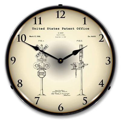 Railroad Train Crossing Signal 1935 Patent LED Wall Clock, Retro/Vintage, Lighted, 14 inch
