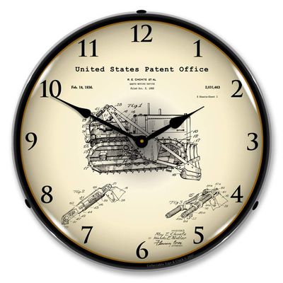 Earth Moving Bulldozer 1936 Patent LED Wall Clock, Retro/Vintage, Lighted, 14 inch
