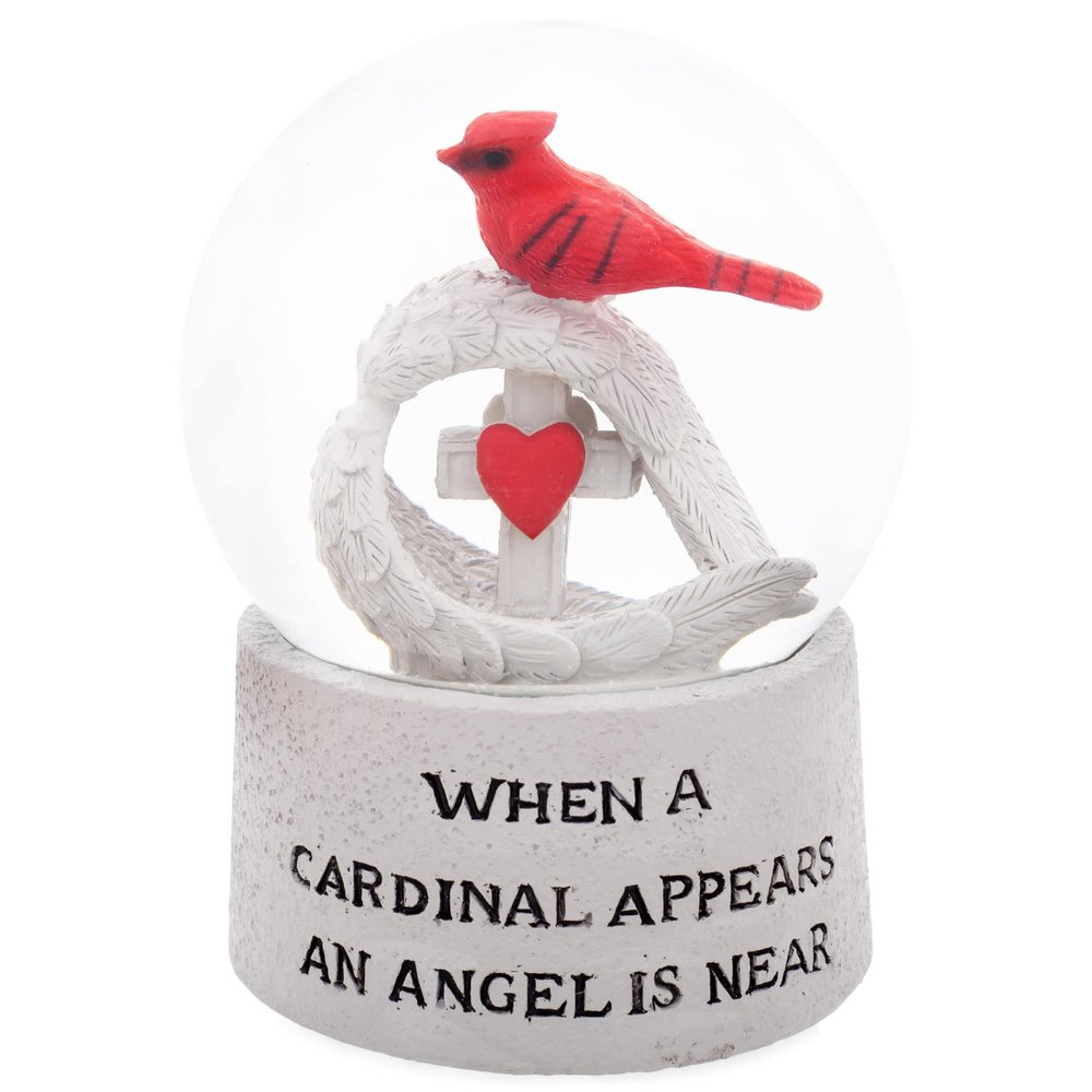 Elanze Designs Cardinal Bereavement Grief Loss When A Cardinal Appears an Angel is Near Cross Wings Bird Comfort Funeral 100MM Musical Glitter Snow Globe Plays Tune Amazing Grace