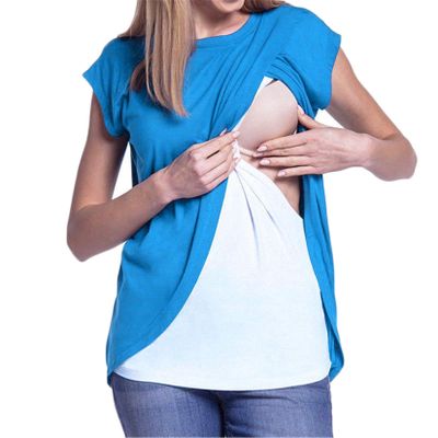 Andongnywell Women's Tow Color Maternity Nursing T-Shirt Short Sleeve Breastfeeding Tops Nursing T-Shirt (Blue,Medium,)